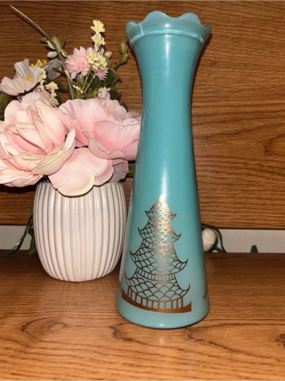 Vintage 1950s Bartlett Collin’s Blue Ceramic Pagoda Accent Vase